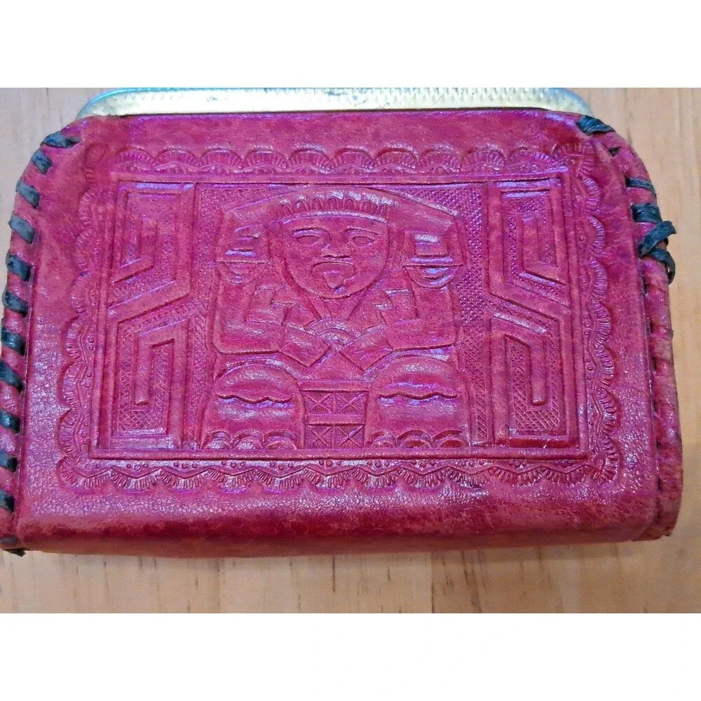Vintage Red Tooled Leather Coin Purse Mexican Aztec Mayan Kiss Lock FLAWS